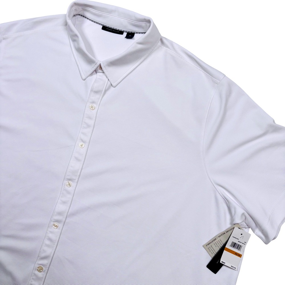 NEW Perry Ellis Button Shirt Men 4X White Ribbed Wicking Breathable Short Sleeve